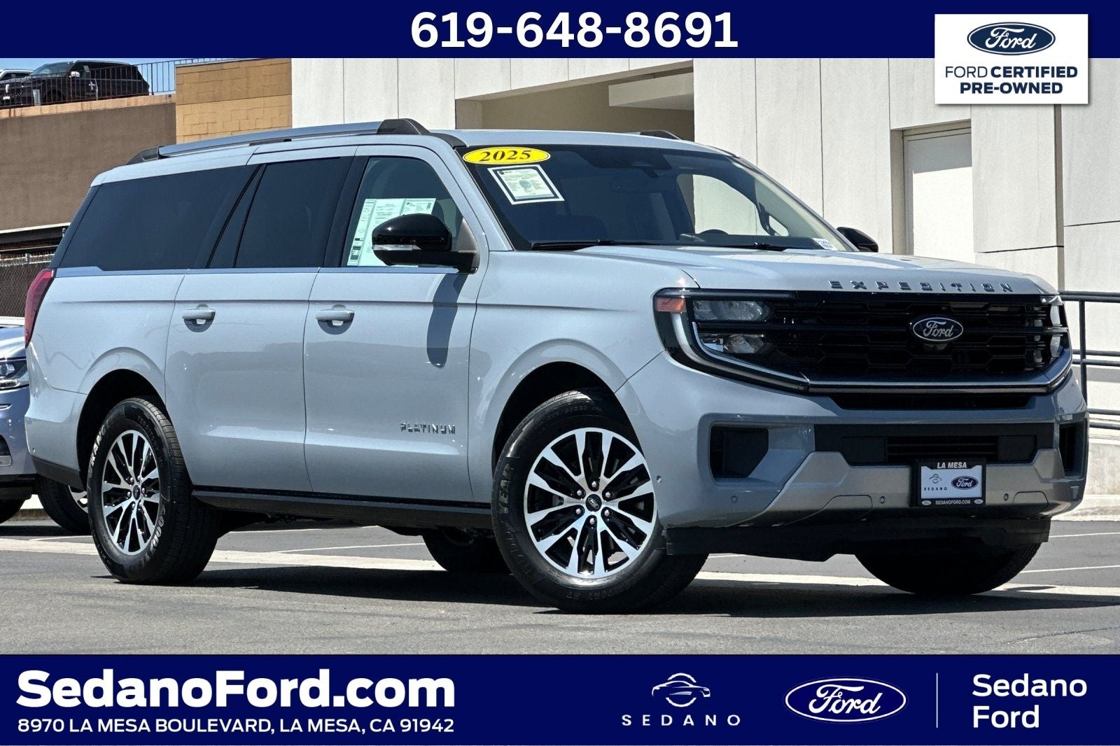 2025 Ford Expedition Max Platinum in Glacier Gray Metallic Tricoat — front three-quarter view