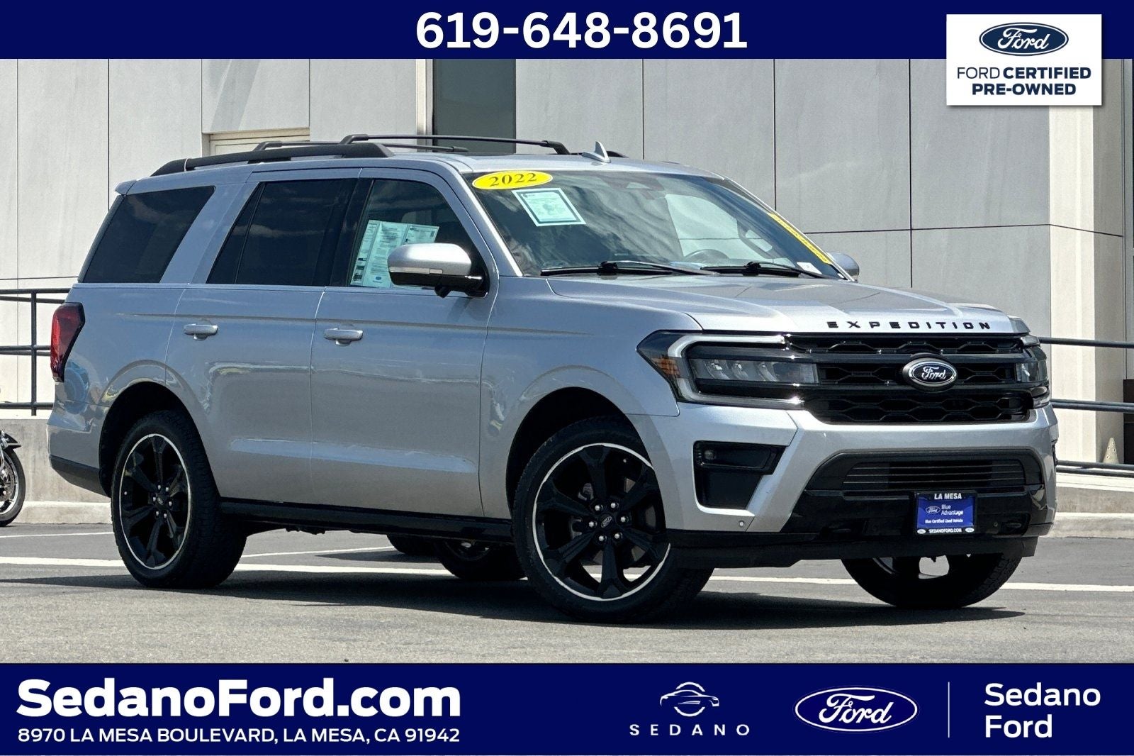 2022 Ford Expedition Limited in Iconic Silver Metallic — front three-quarter view