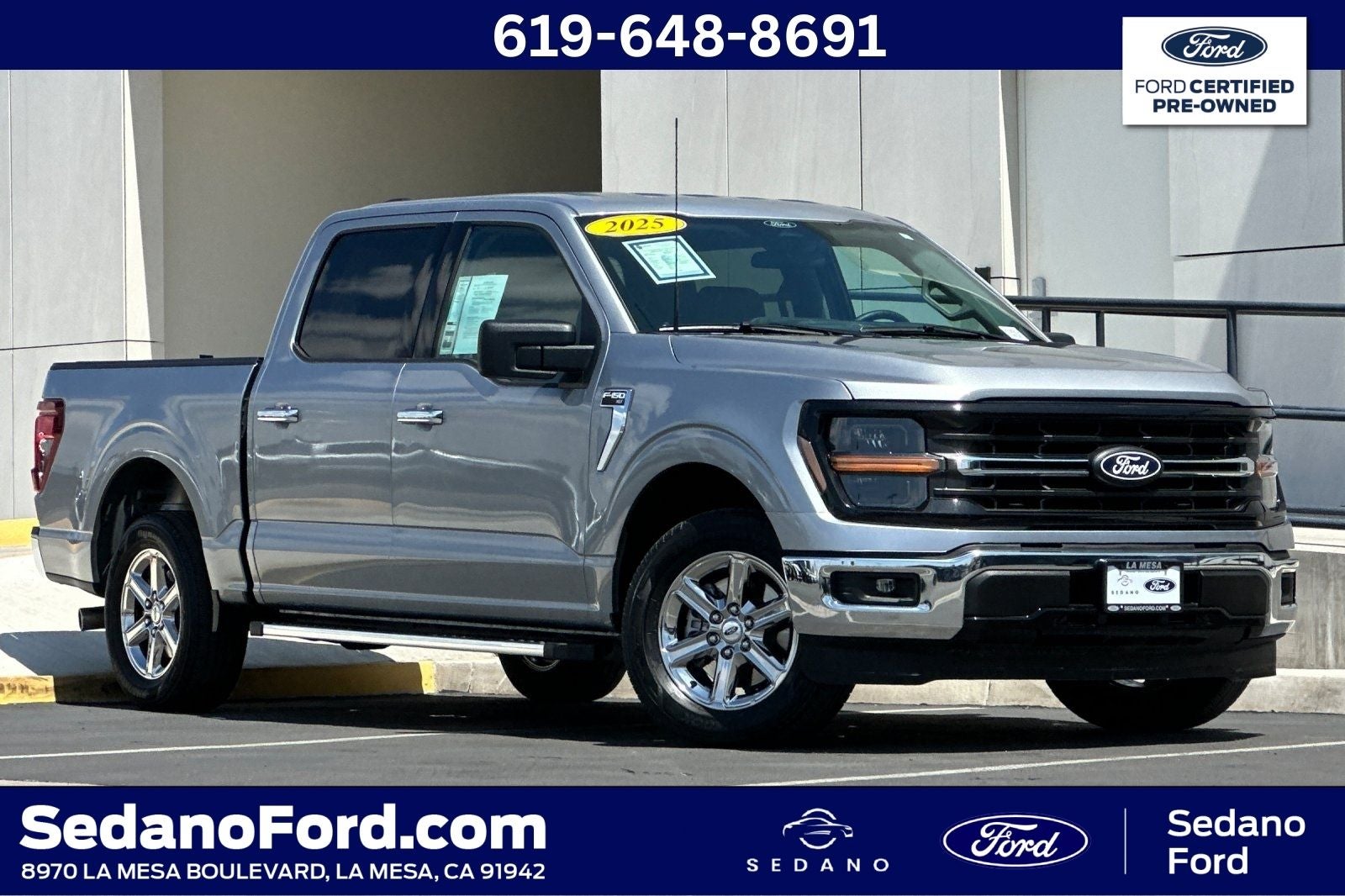 2025 Ford F-150 XLT in Iconic Silver Metallic — front three-quarter view